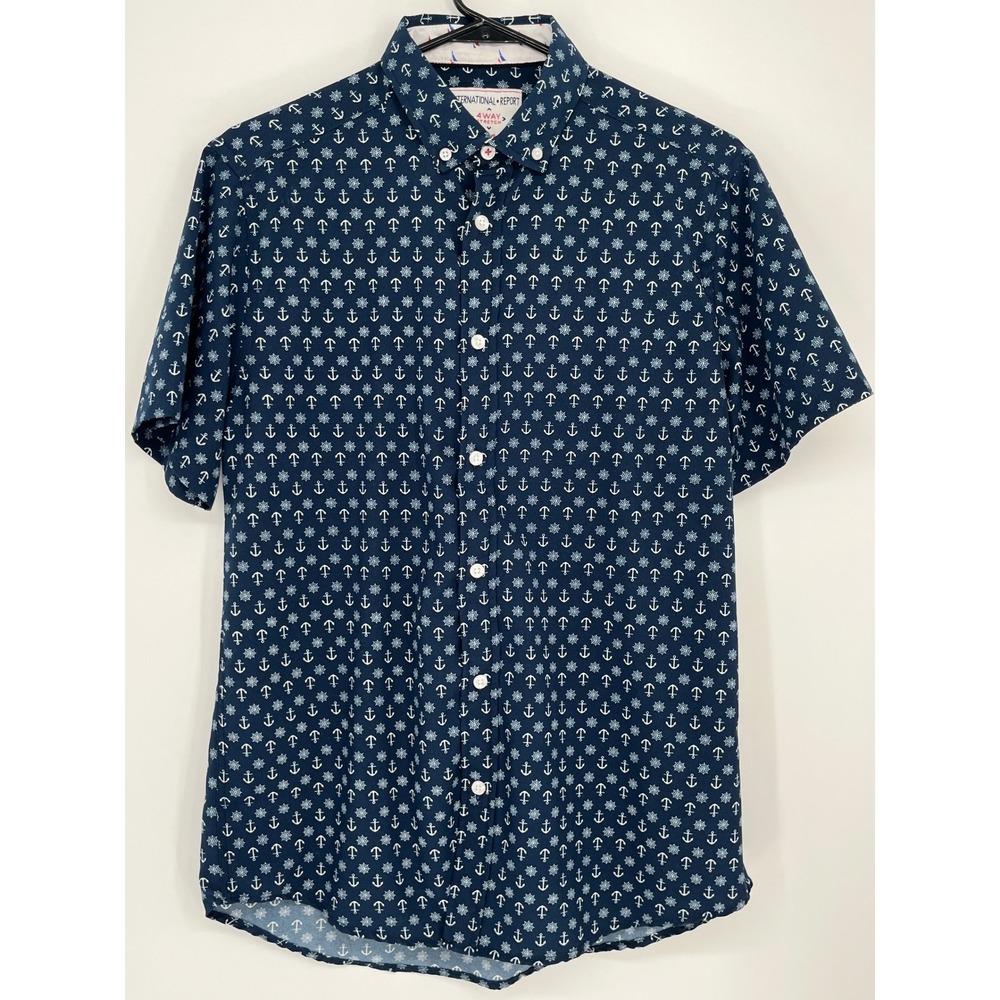 International Report Nautical Anchor Print 4-Way Stretch Shirt Men M Navy Sail